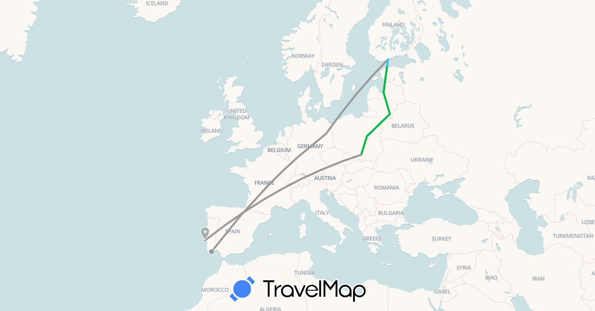 TravelMap itinerary: driving, bus, plane, boat in Germany, Estonia, Finland, Lithuania, Latvia, Poland, Portugal (Europe)