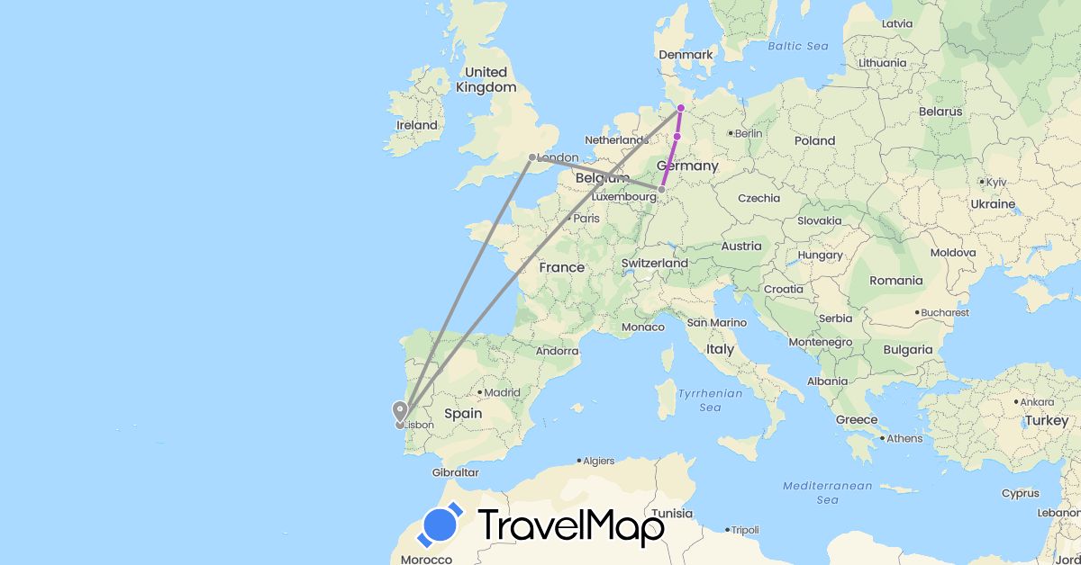 TravelMap itinerary: driving, plane, train in Germany, United Kingdom, Portugal (Europe)